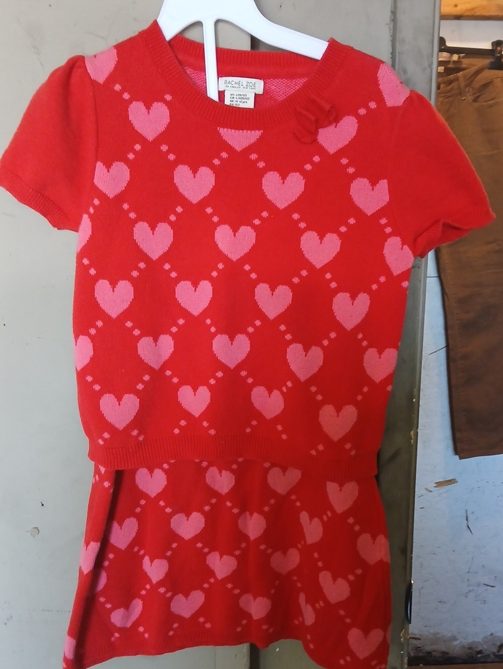 Rachel Zoe Red & Pink Heart Knit 2 Pc Sweater Dress with Bow Detail Sz Large